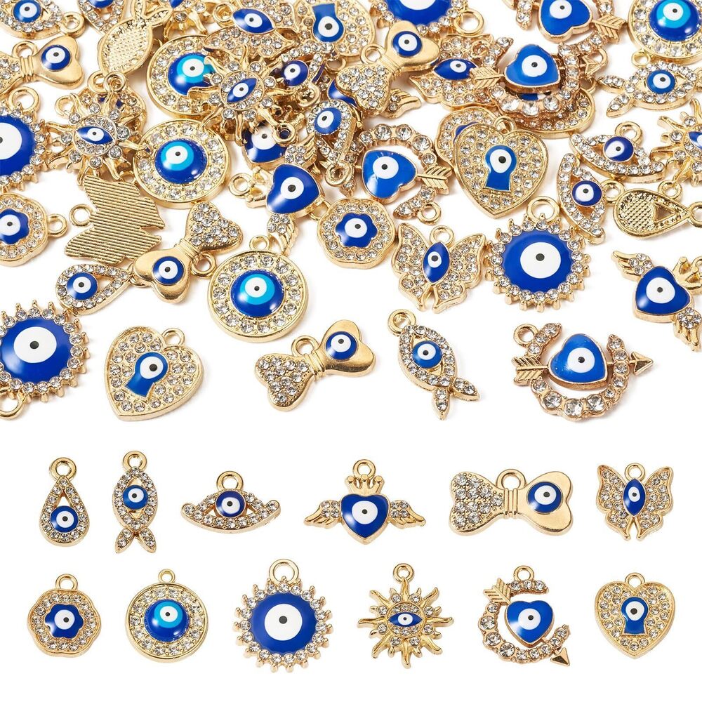 7183 48Pcs Rhinestone Enamel Charms Evil Eye Gold Plated Alloy Pendants